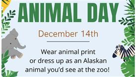 Picture of an elephant and a zebra in the jungle with the words animal day December 14 